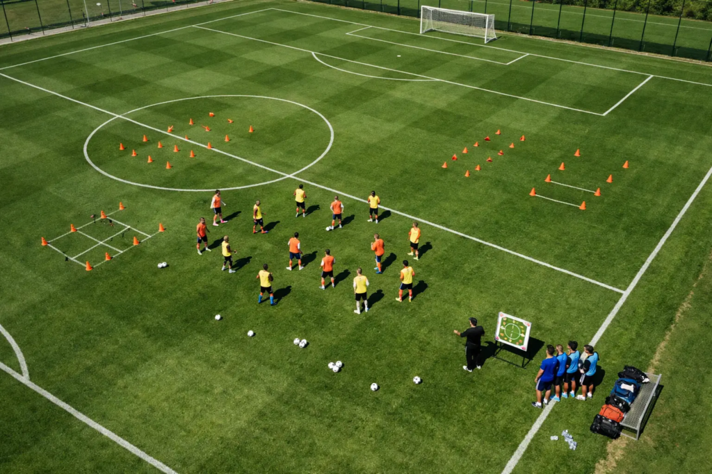 Vista dall'alto di campo da calcio con erba verde e linee bianche durante allenamento