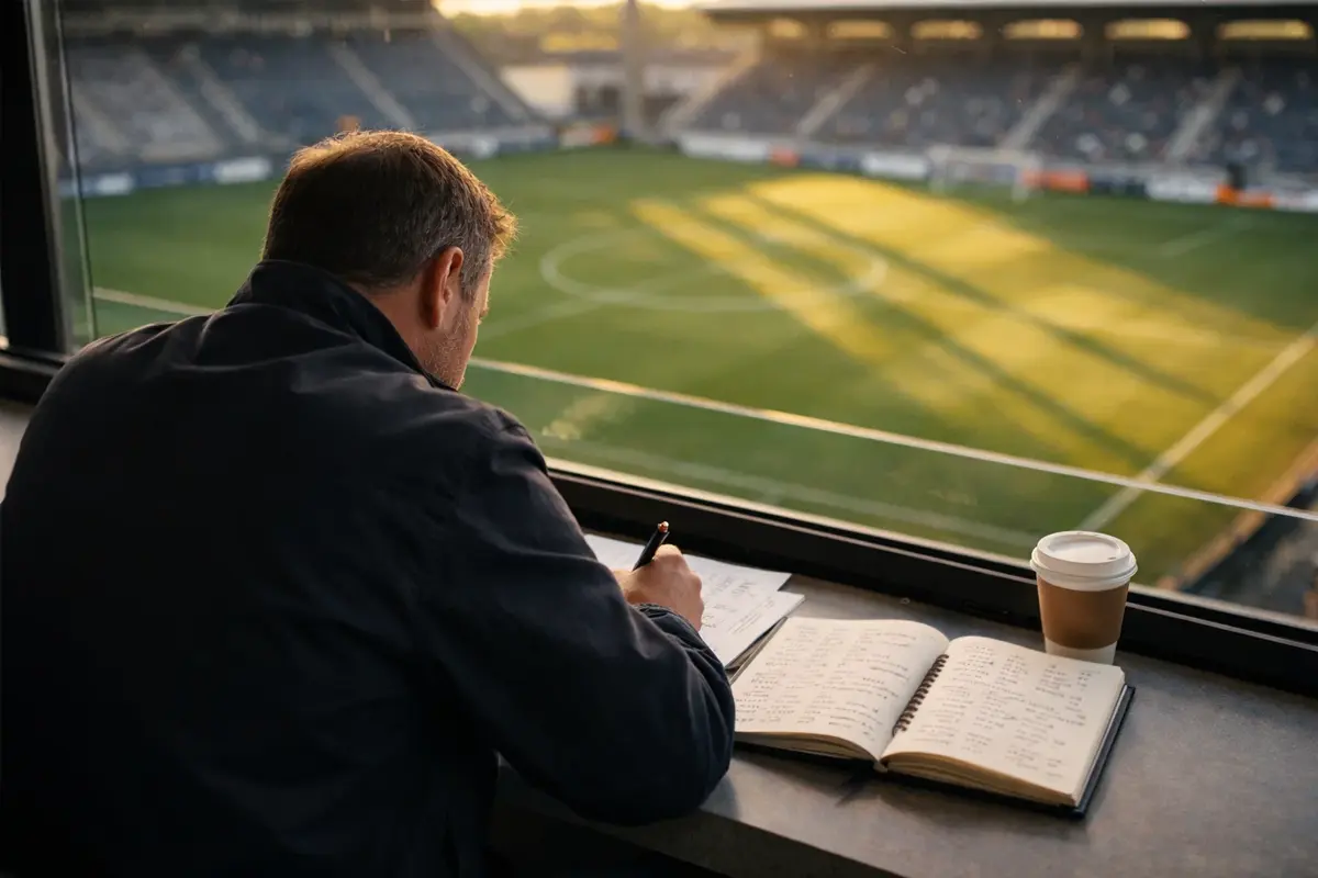 Analista sportivo studia statistiche di una partita di calcio su un foglio dati in uno stadio vuoto