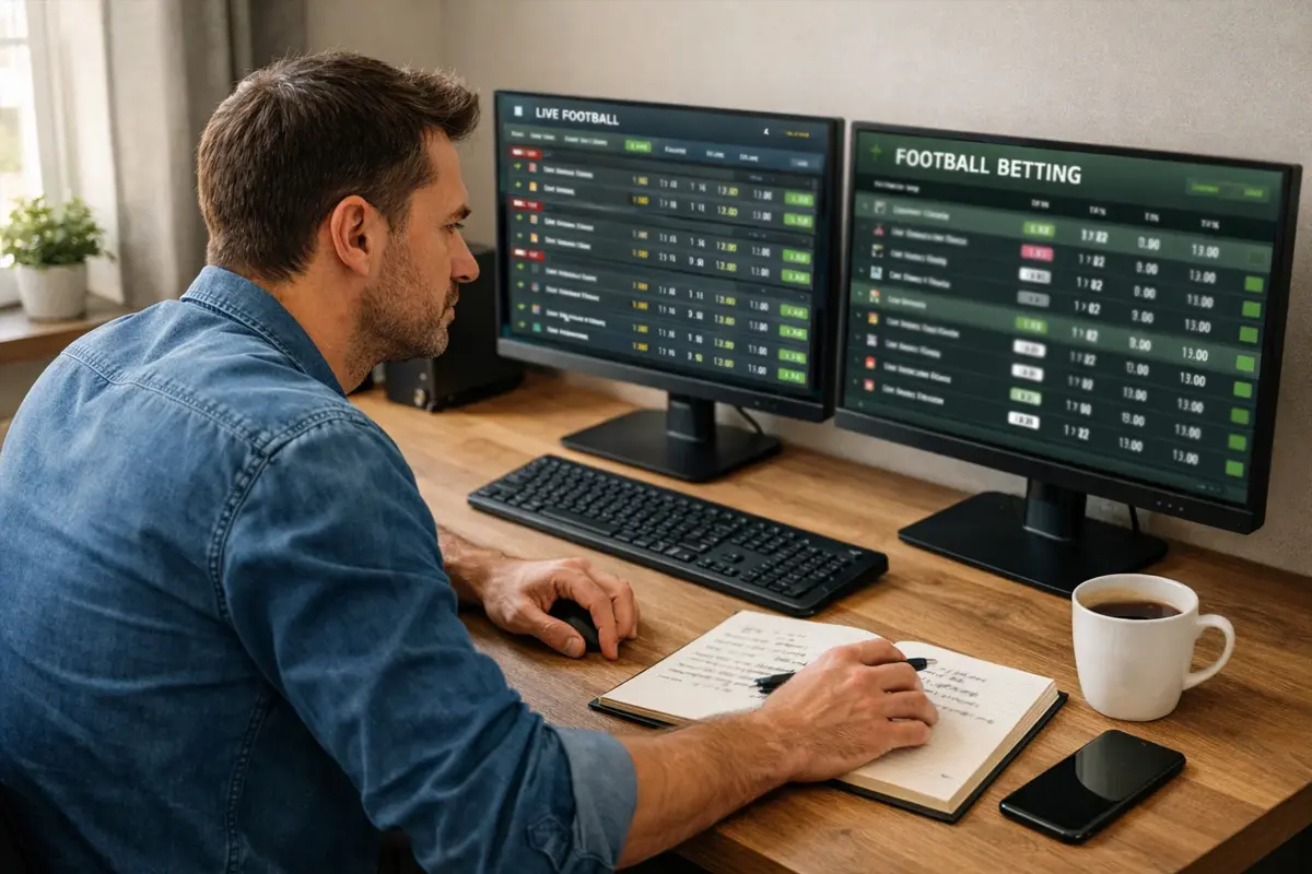 Uomo che confronta quote di scommesse su diversi schermi in un ambiente professionale