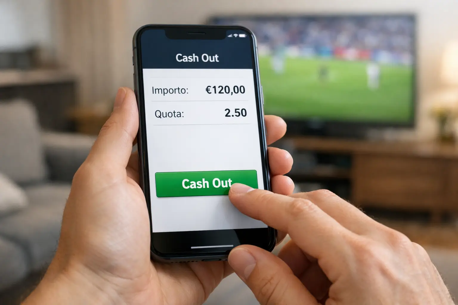 Mano che preme il pulsante su smartphone con app di scommesse