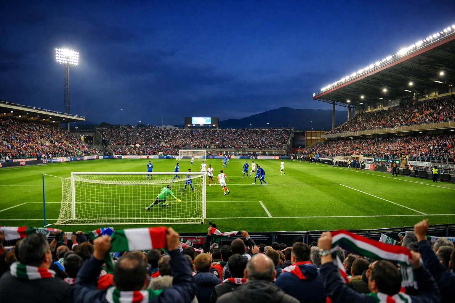 Stadio di calcio italiano con giocatori in campo durante partita