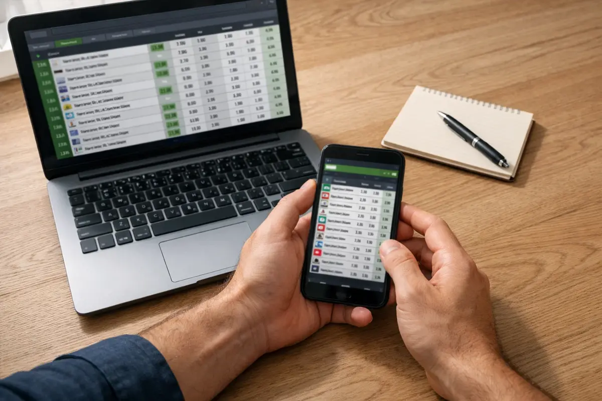 Mano di uno scommettitore che consulta diversi schermi con quote di scommesse sportive su un tavolo da lavoro
