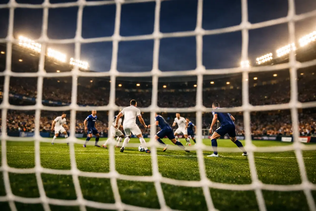 Tifosi allo stadio di calcio che guardano la partita dal settore tribune con il campo in erba illuminato dai riflettori