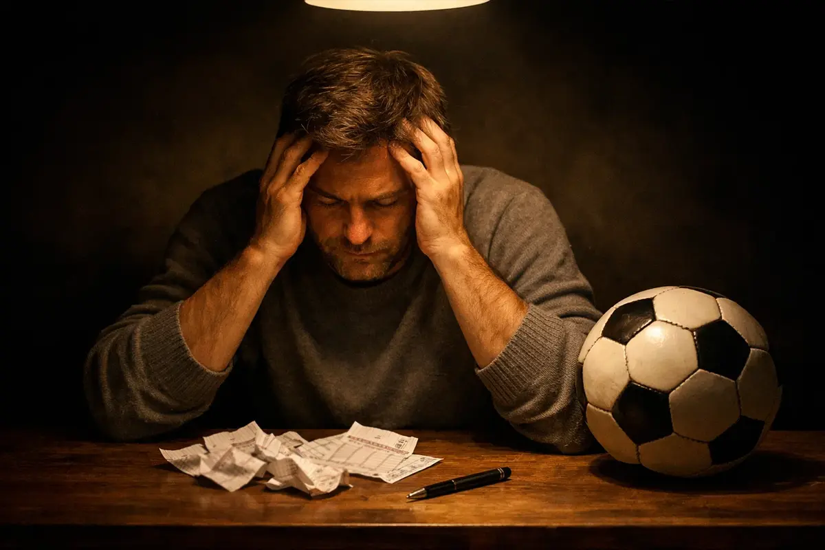 Scommettitore pensieroso con le mani sul viso seduto davanti a un tavolo con schedine e un pallone da calcio