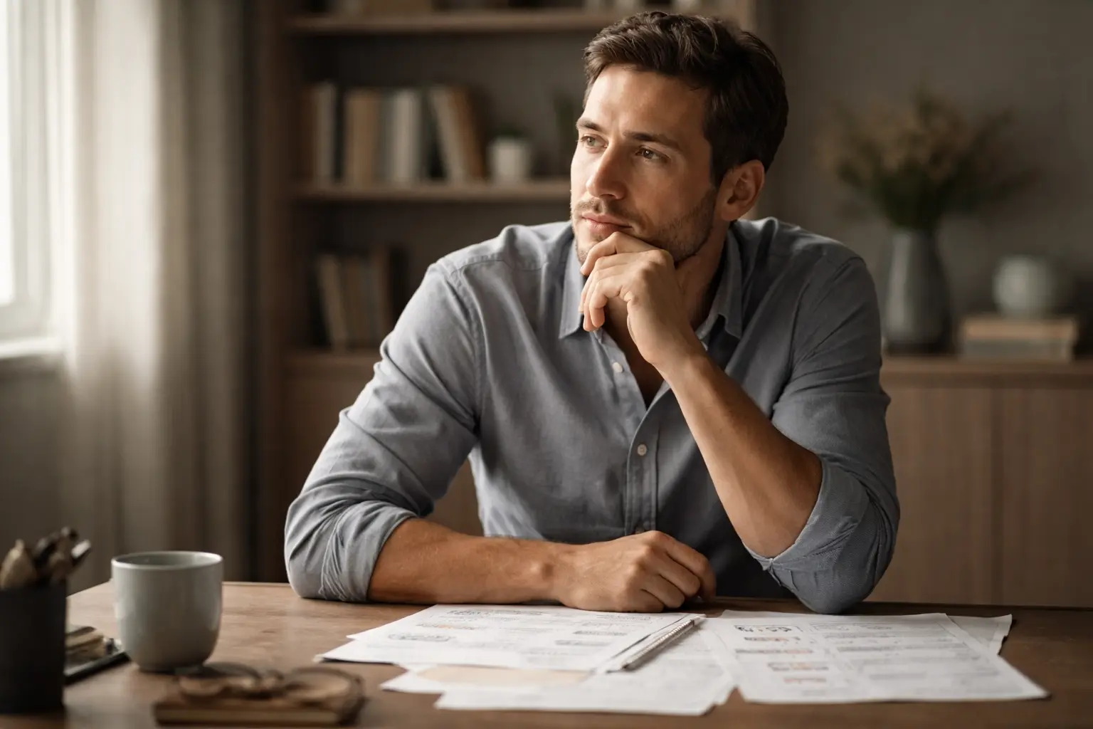 Scommettitore riflette sui propri errori con documenti e appunti