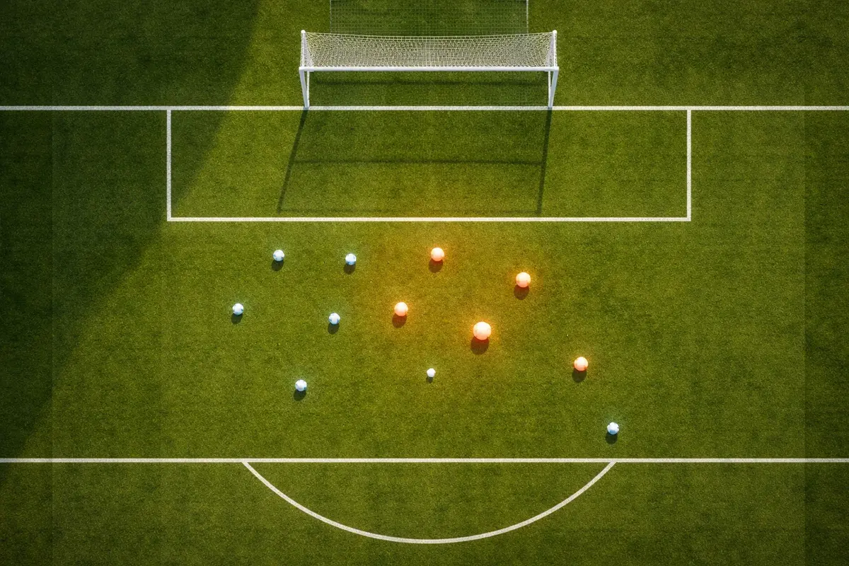 Mappa dei tiri su un campo da calcio vista dall'alto con palloni posizionati nei punti delle occasioni da gol