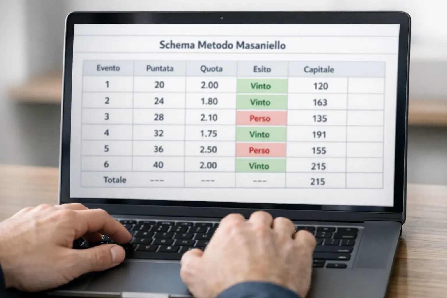 Foglio di calcolo Excel con griglia del metodo Masaniello