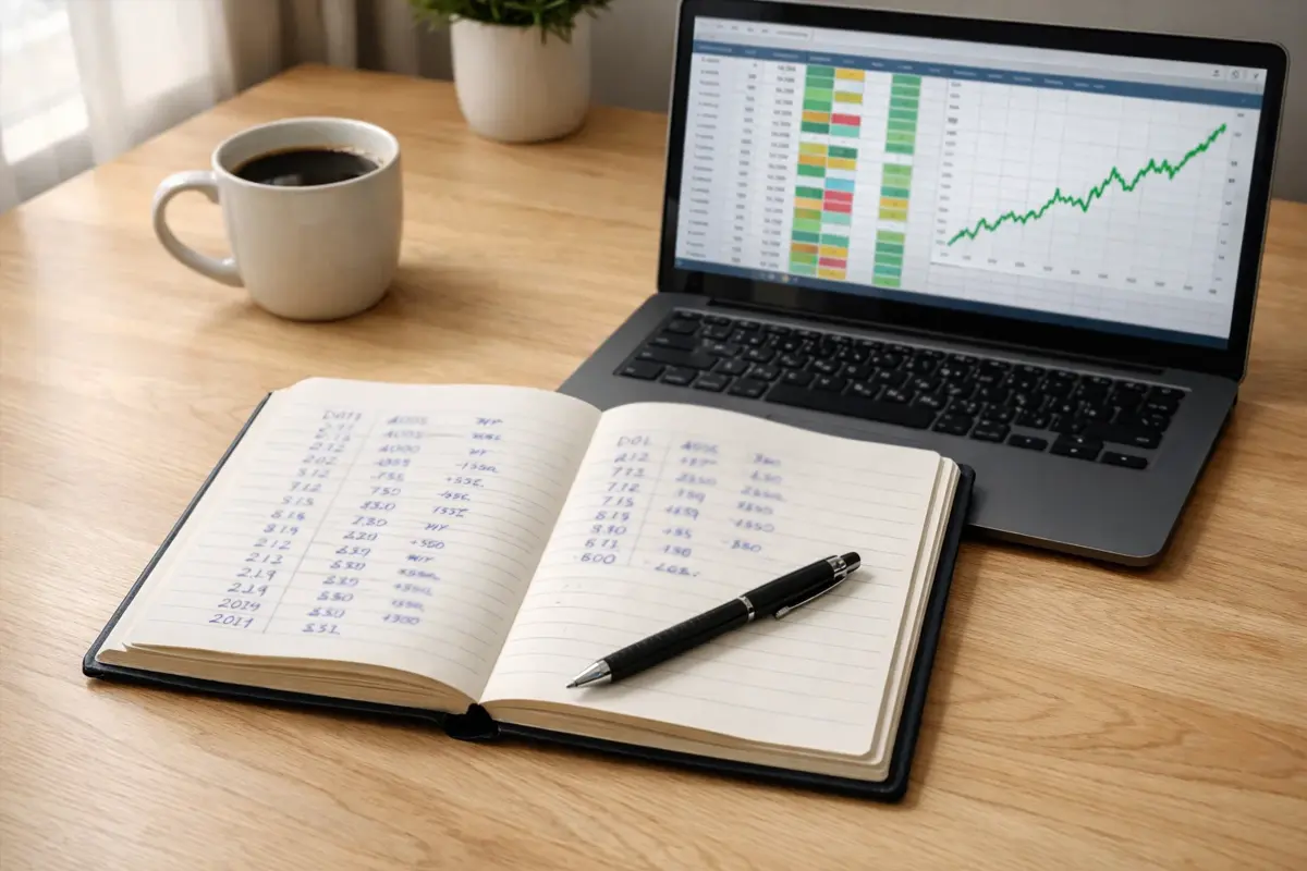 Quaderno aperto su una scrivania con appunti scritti a mano accanto a un laptop che mostra un foglio di calcolo con grafici