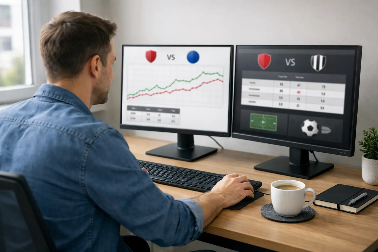 Persona analizza dati di calcio su computer con grafici e statistiche