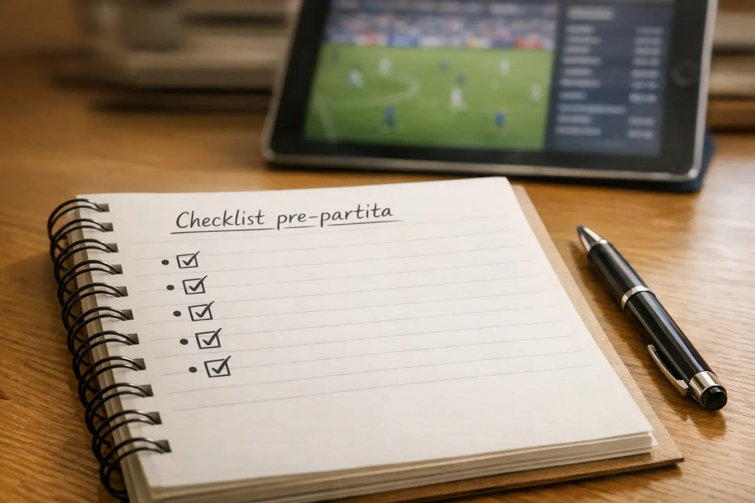 Blocco note con checklist di analisi pre-partita e penna