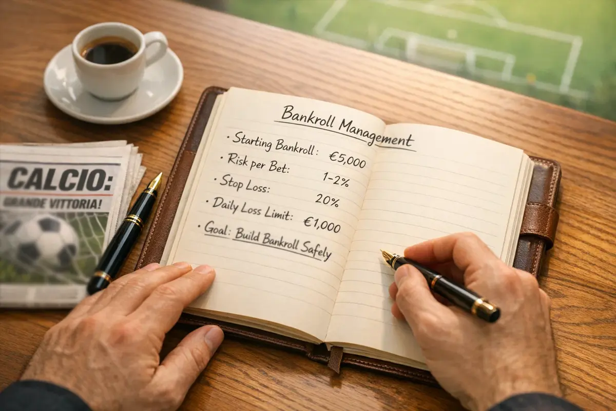 Quaderno con piano di gestione bankroll e penna su una scrivania accanto a un campo da calcio sfocato