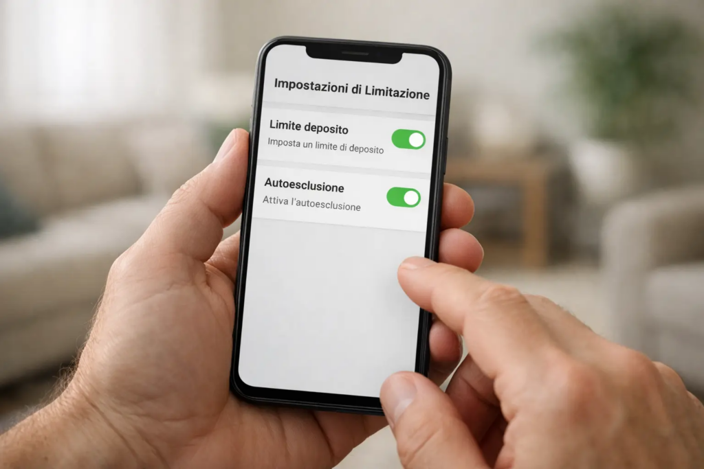 Mani che tengono smartphone con schermata di autoesclusione e limite depositi