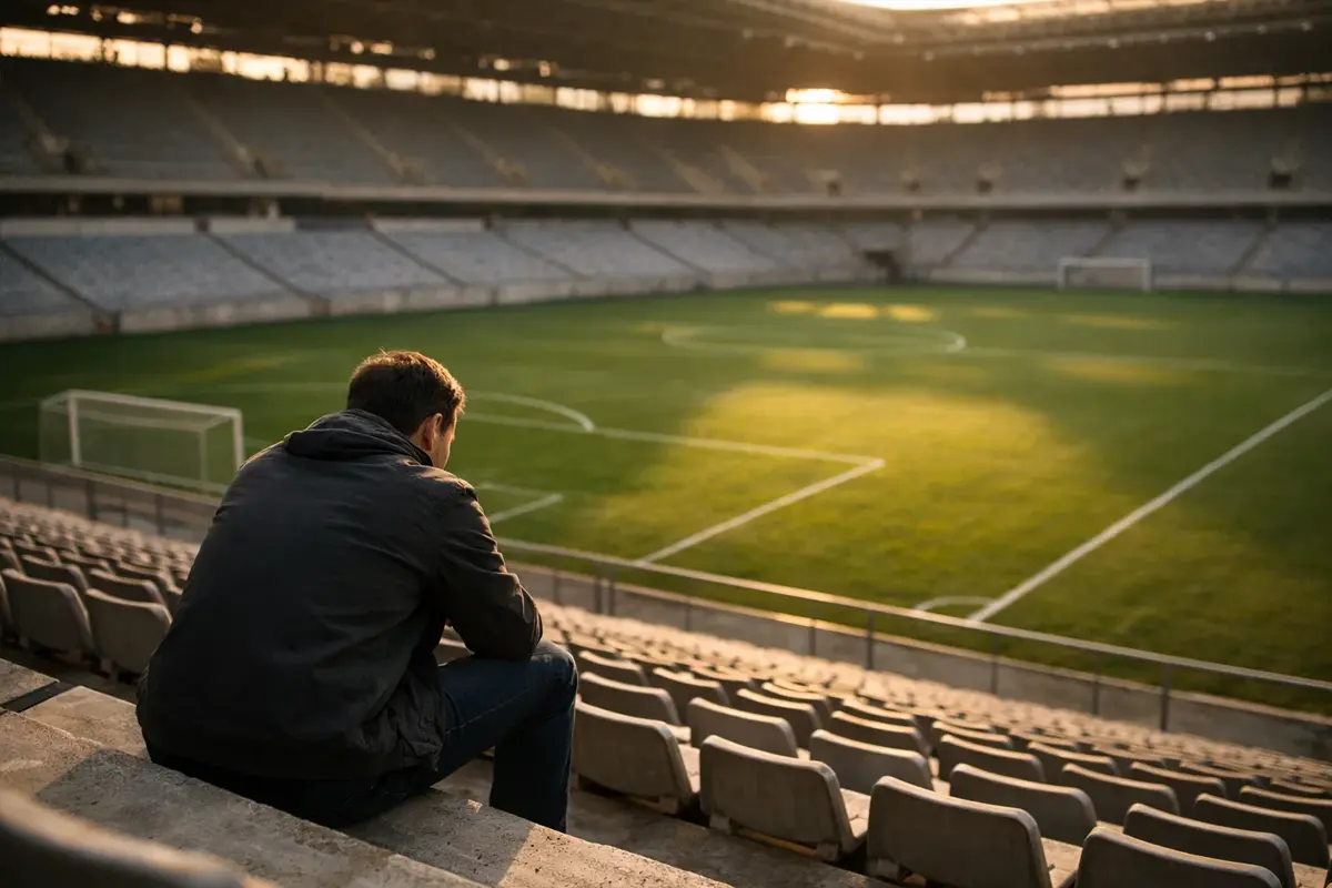 Uomo seduto da solo sugli spalti vuoti di uno stadio di calcio che riflette guardando il campo in erba deserto