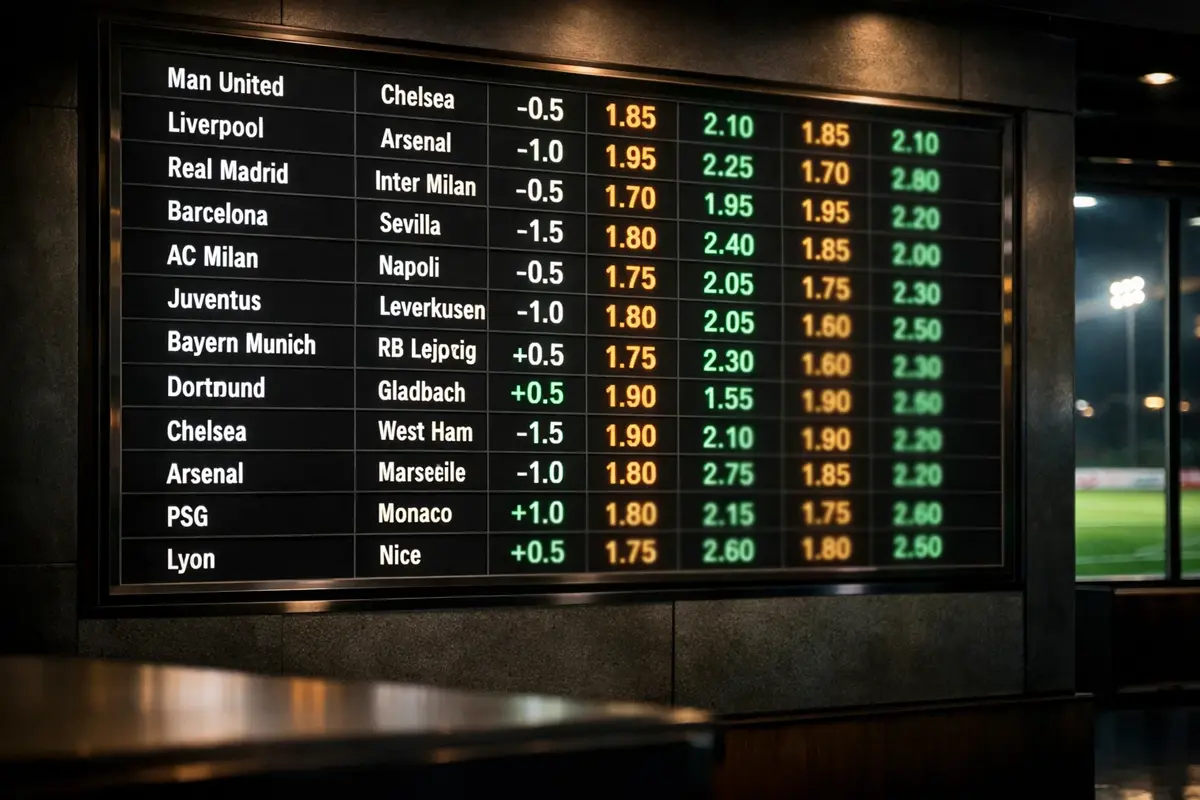 Tabellone con quote e linee handicap illuminato in una sala scommesse sportive con campo da calcio sullo sfondo