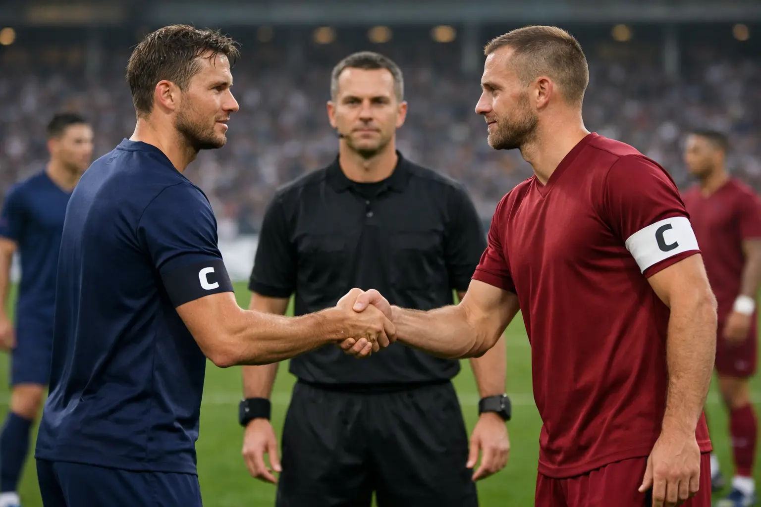 Due capitani di squadre di calcio si stringono la mano prima della partita