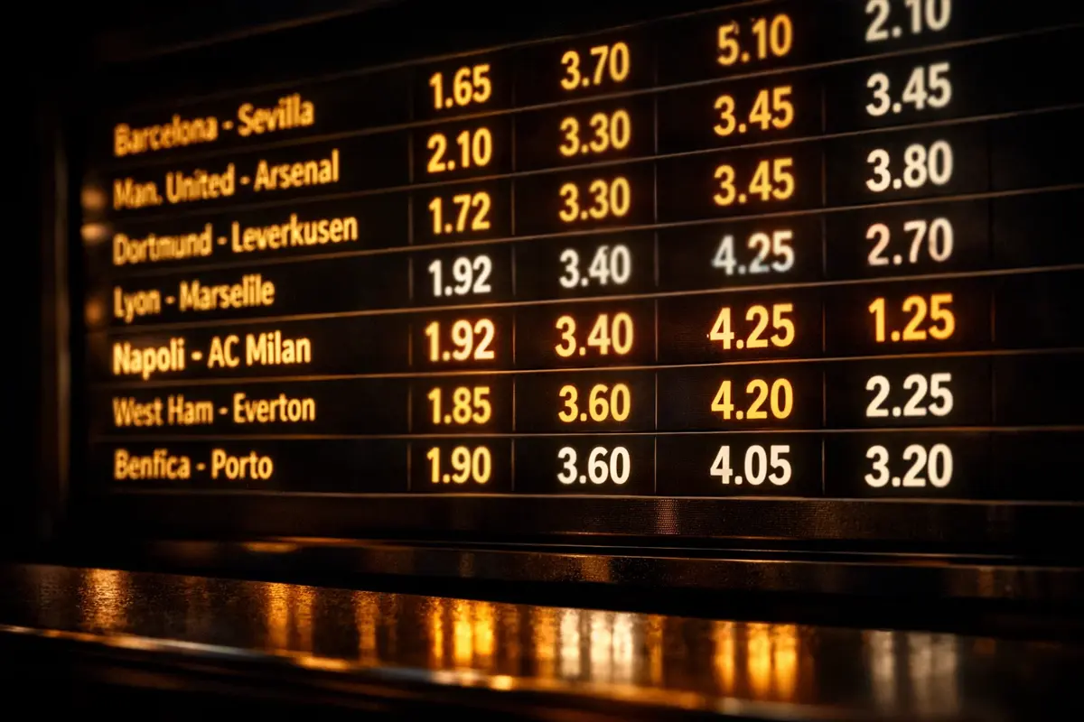 Primo piano di un tabellone quote con numeri decimali illuminati su sfondo scuro in una sala scommesse sportive