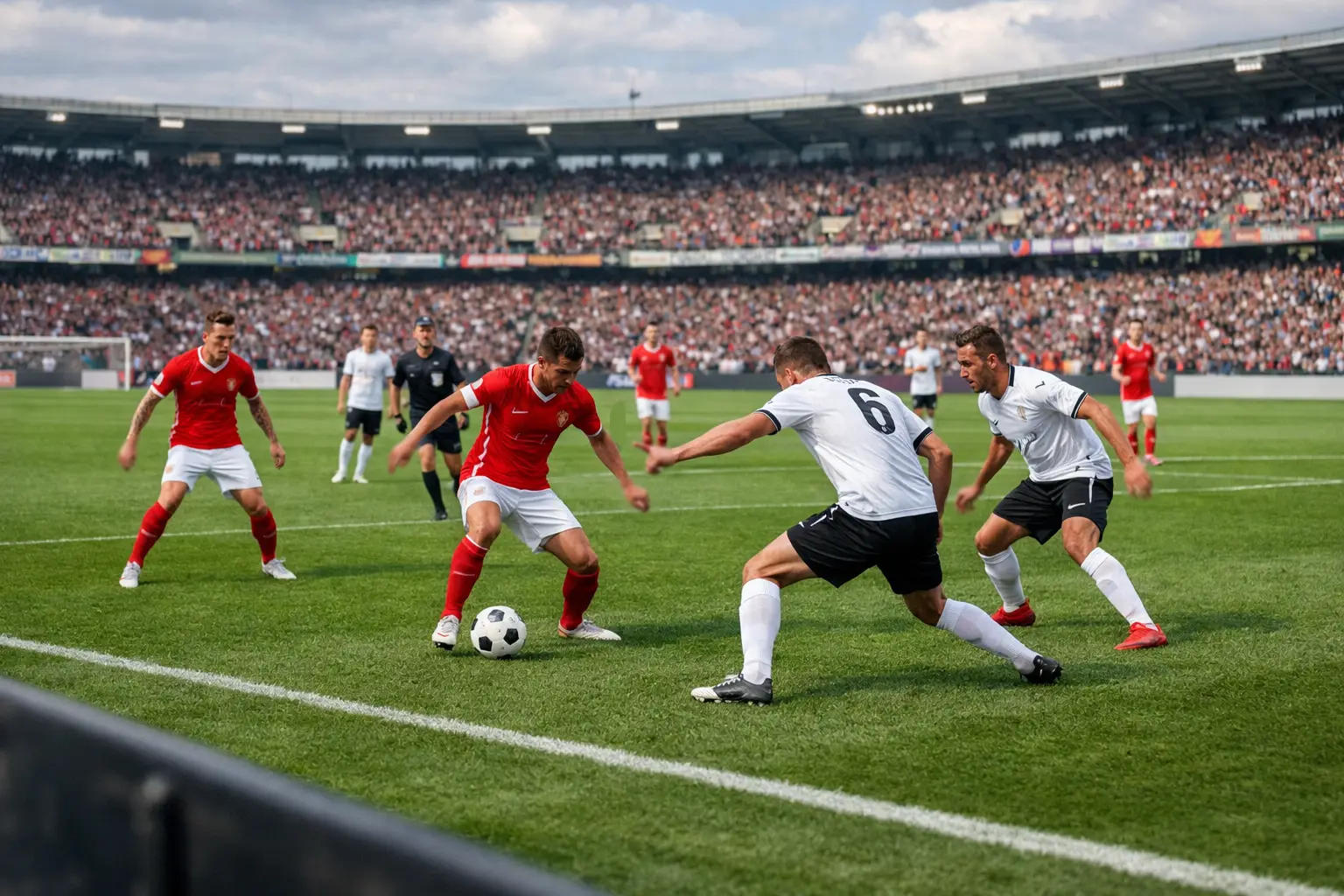 Partita di calcio su campo in erba con tifosi sugli spalti