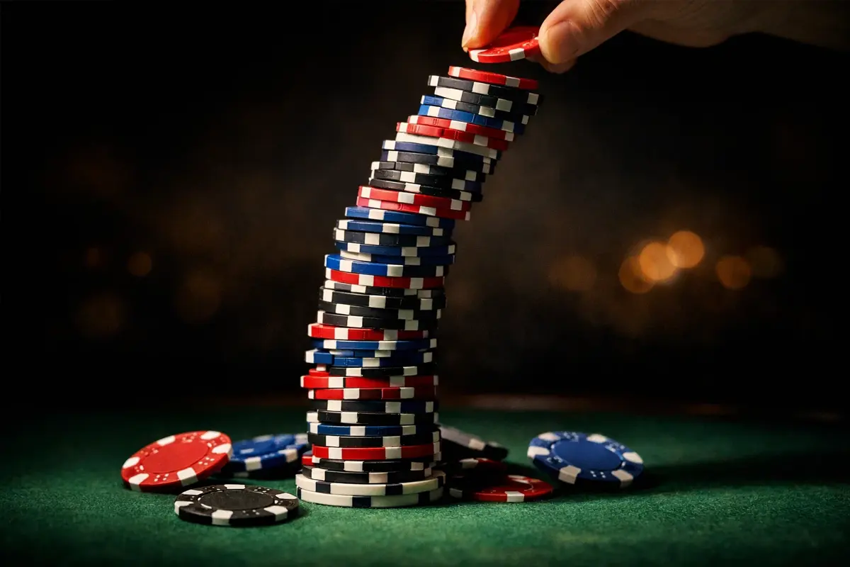 Mano che impila fiches da gioco in una torre crescente su un tavolo verde da scommesse