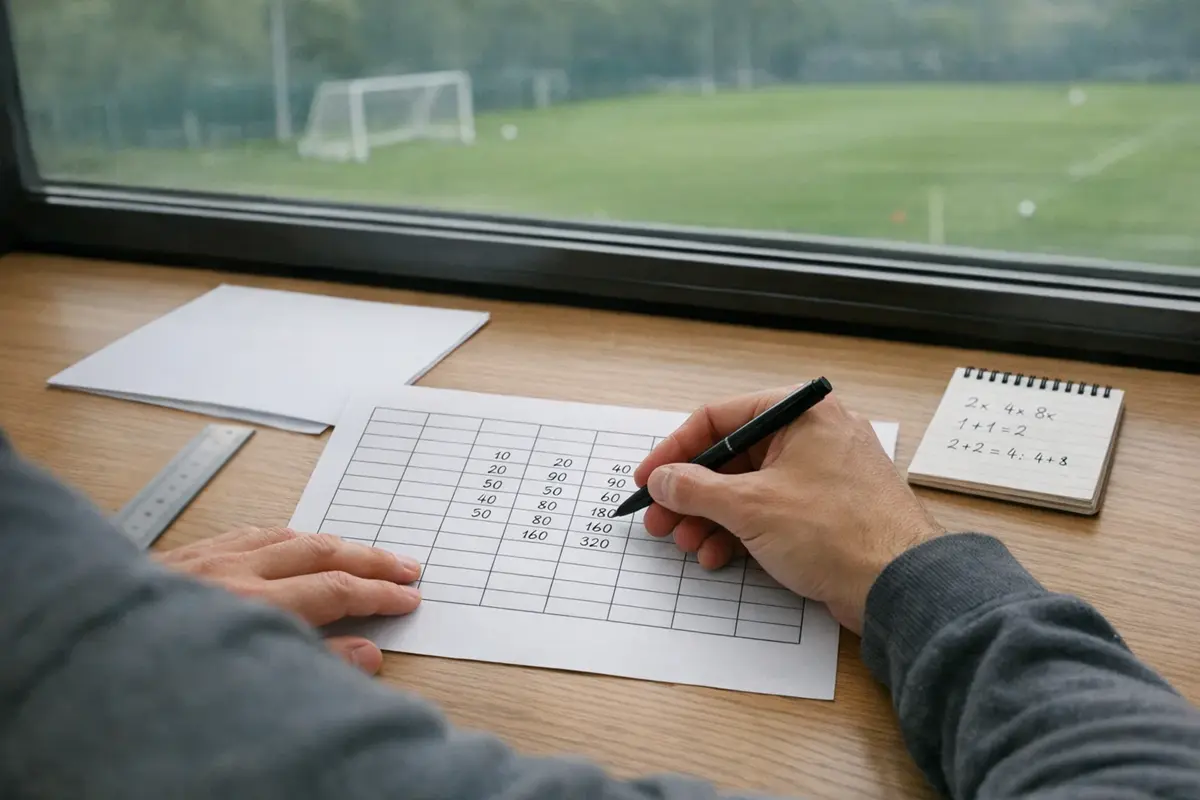 ersona compila un foglio con numeri e progressioni su una scrivania ordinata con vista su un campo di calcio