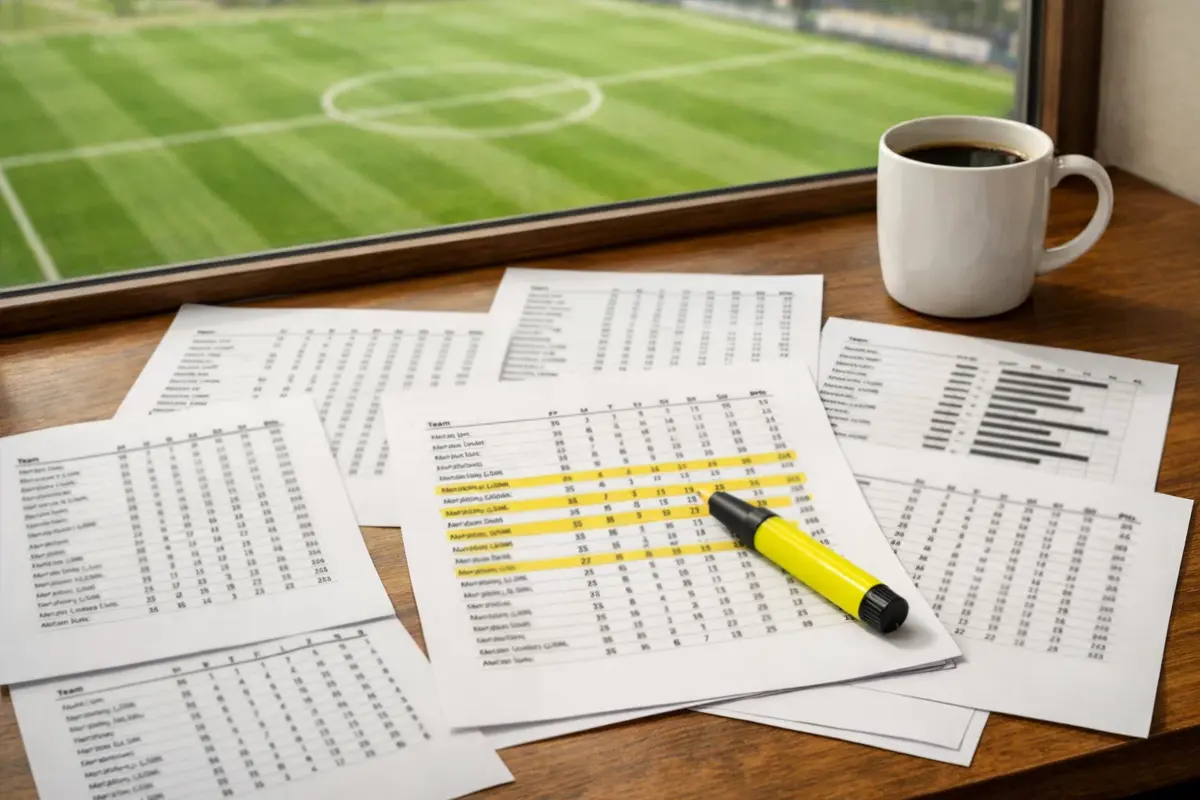 Scrivania con più fogli stampati di statistiche calcistiche e un campo da calcio verde visibile dalla finestra