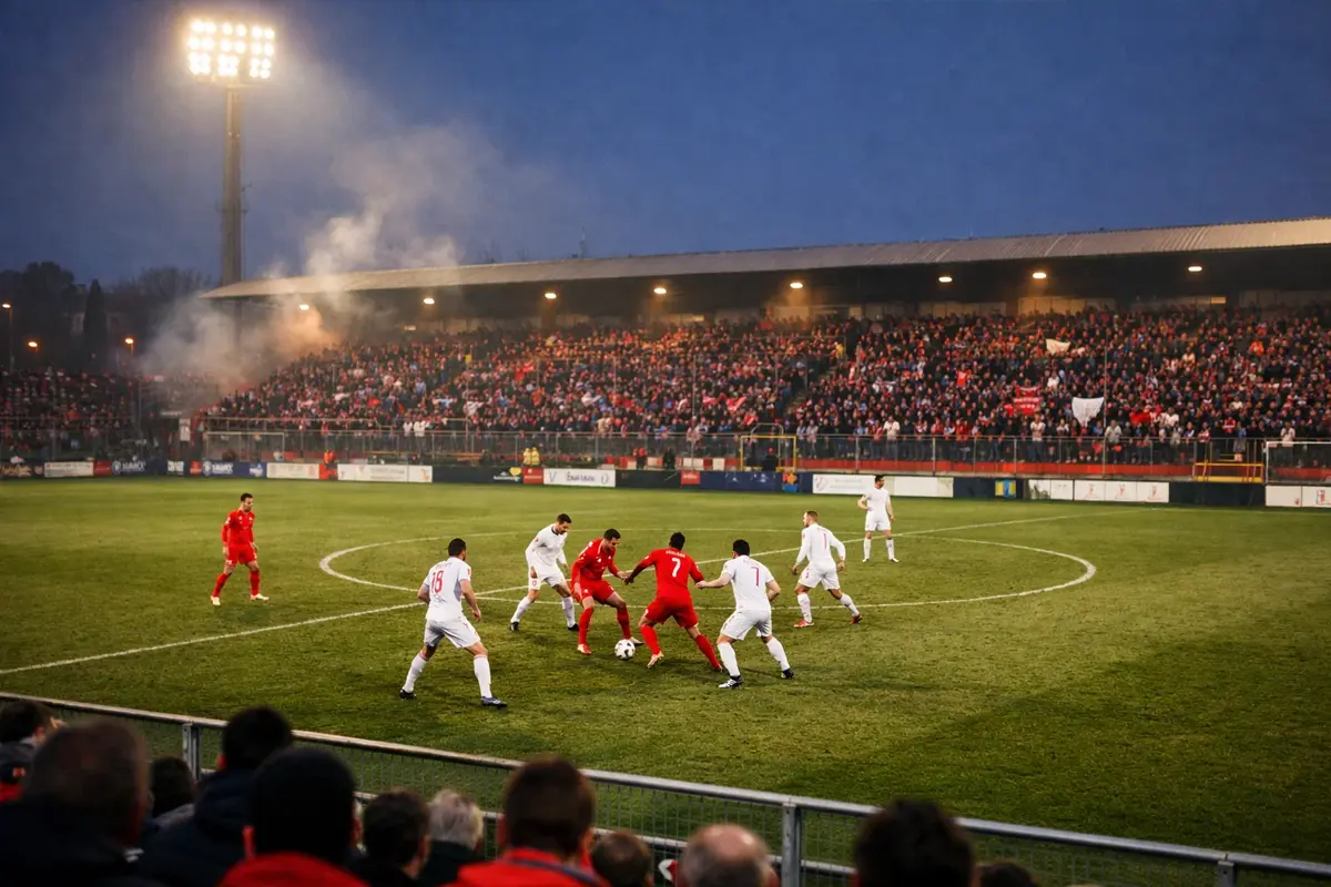 Partita di calcio di Serie B in un piccolo stadio italiano con tribune ravvicinate al campo e tifosi appassionati