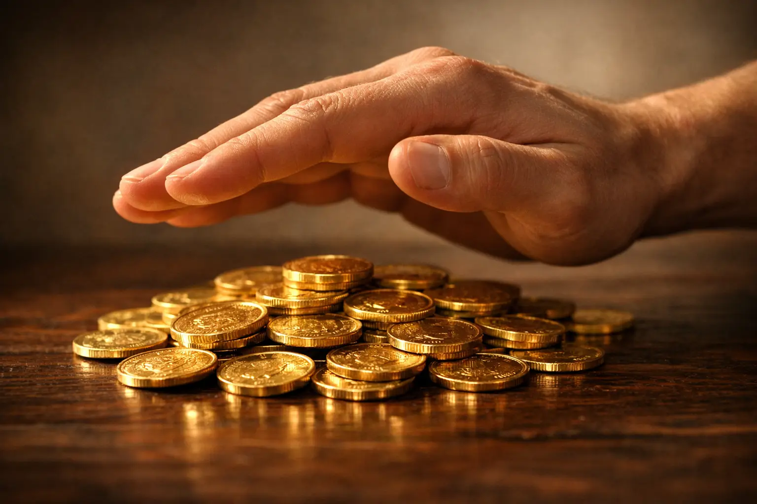 Mano che protegge simbolicamente delle monete sul tavolo