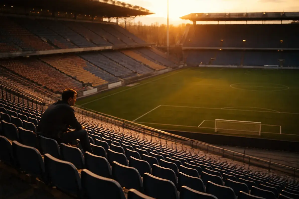 Uomo seduto solo in uno stadio di calcio vuoto che riflette con lo sguardo rivolto al campo verde sotto la luce del tramonto