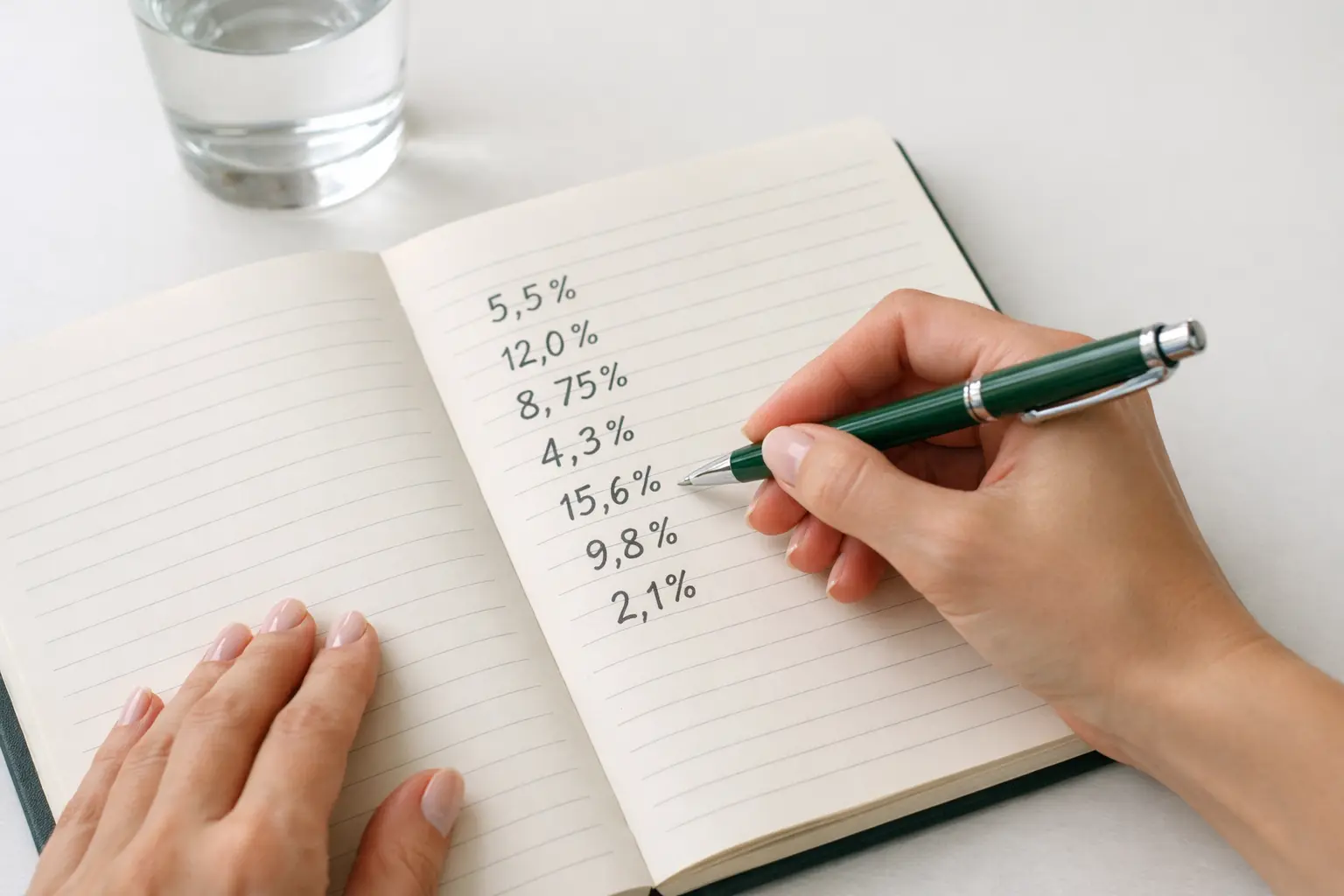 Persona annota percentuali e calcoli su blocco note