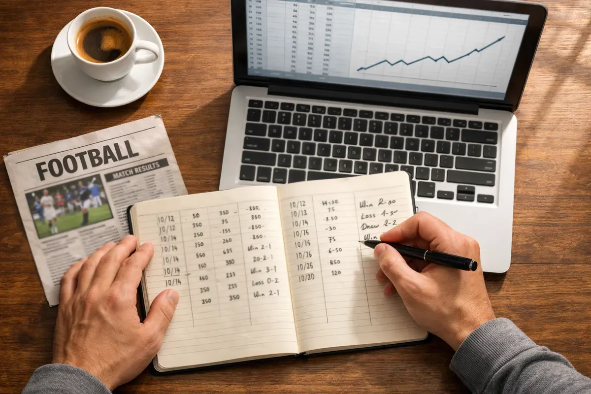 Persona che analizza dati e statistiche di scommesse sportive su un quaderno con penna