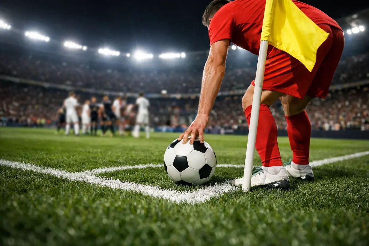 Calciatore che batte un calcio d'angolo su un campo in erba con la bandierina del corner in primo piano e lo stadio sullo sfondo