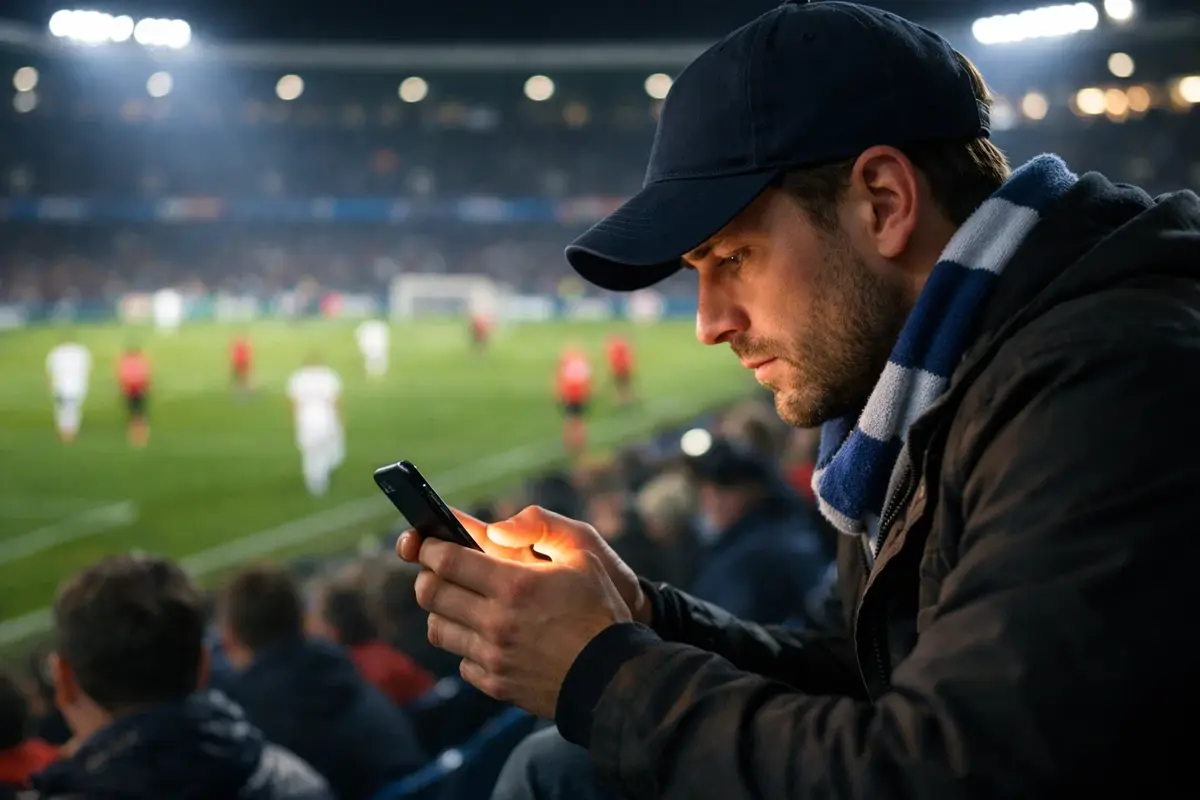 Tifoso segue una partita di calcio dal vivo sullo smartphone in uno stadio illuminato di sera