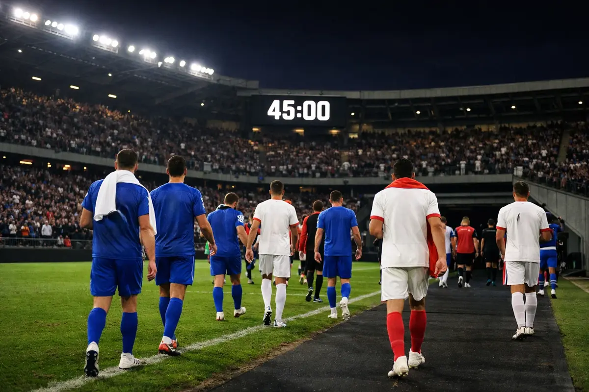Orologio del tabellone di uno stadio di calcio che segna il quarantacinquesimo minuto con i giocatori che rientrano negli spogliatoi