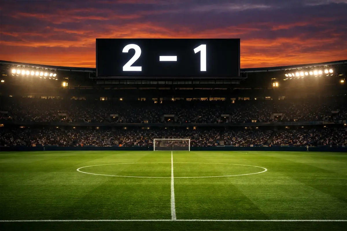 Tabellone segnapunti di uno stadio di calcio con il punteggio illuminato e il campo verde sullo sfondo al tramonto