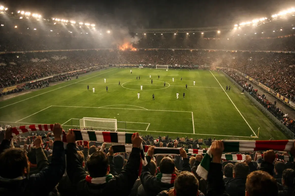 Stadio di calcio italiano durante una partita serale di Serie A con tifosi sugli spalti