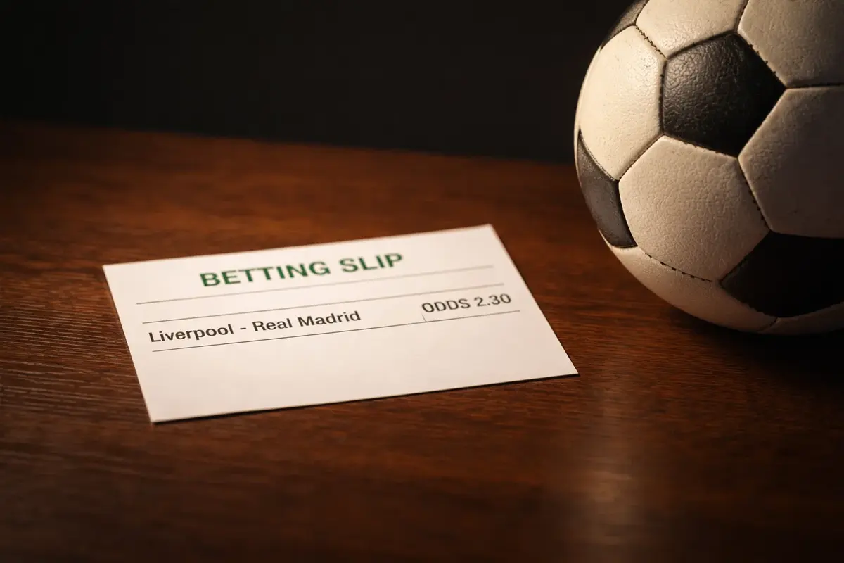 Singola schedina scommesse con una sola selezione su un tavolo accanto a un pallone da calcio in cuoio