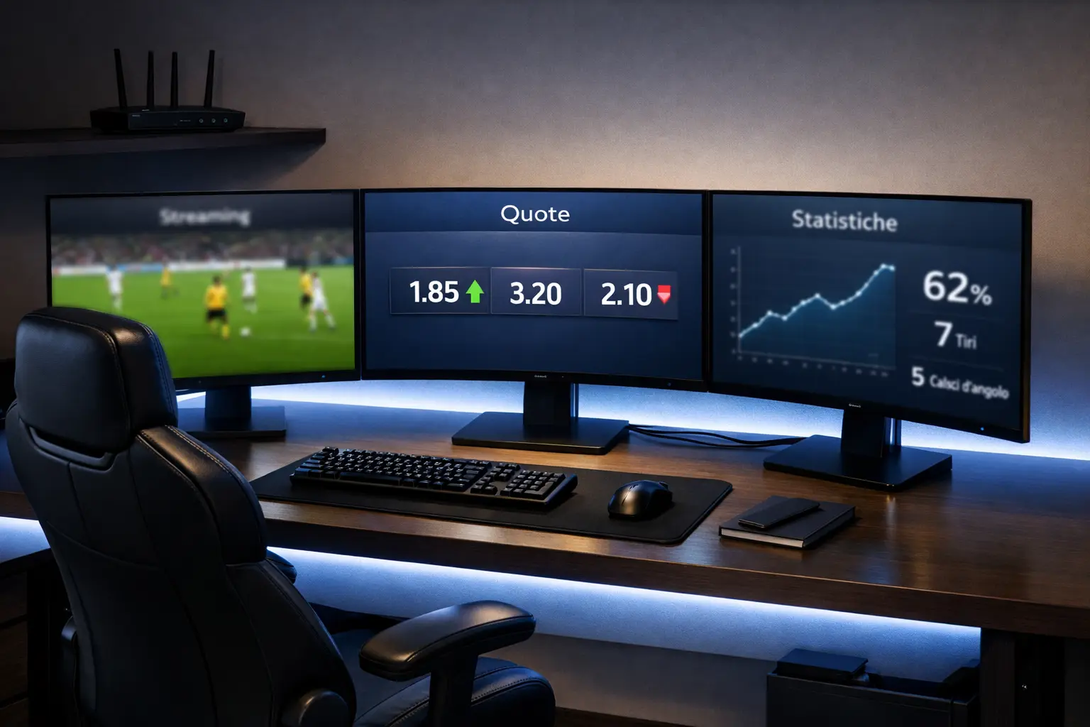 Postazione professionale con più monitor per scommesse sportive