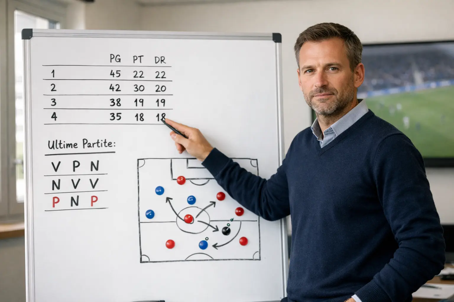 Tabellone con classifica e statistiche di una squadra di calcio