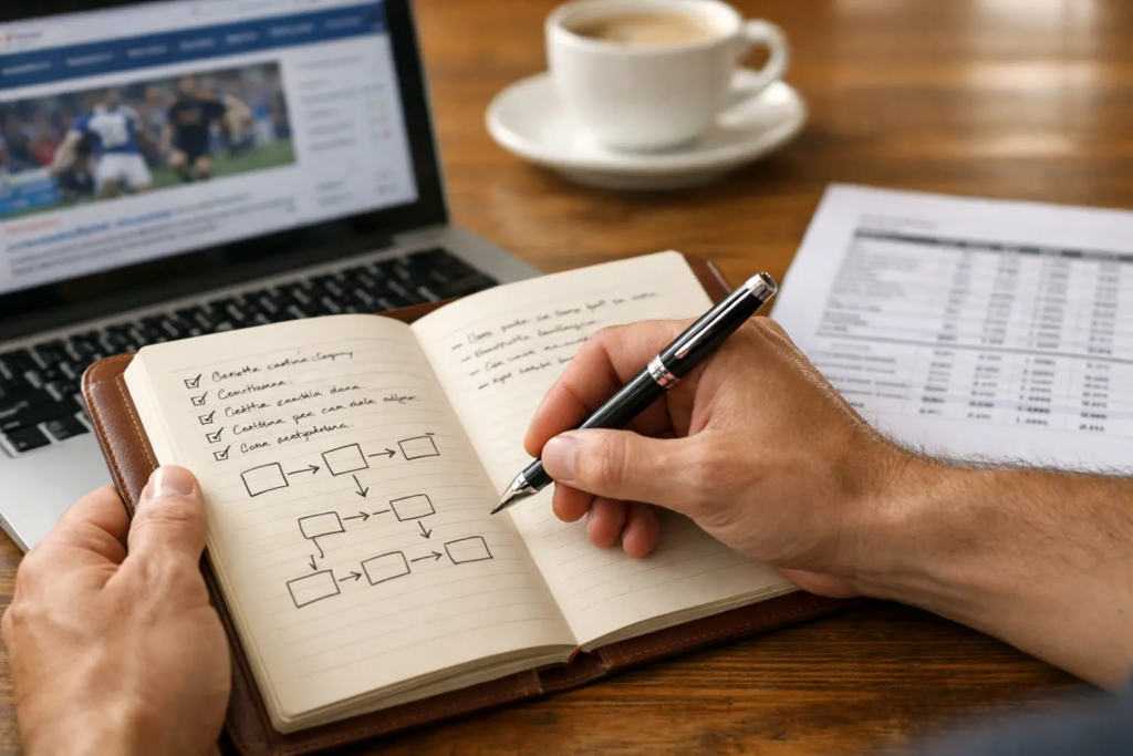 Professionista delle scommesse che prende appunti su un quaderno con dati statistici