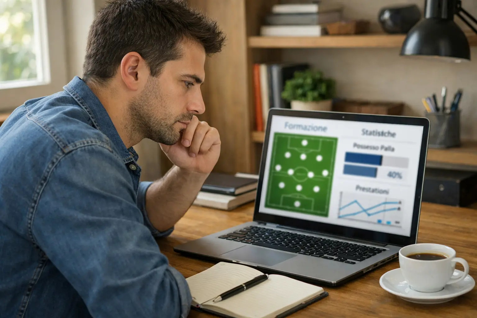 Scommettitore che analizza statistiche di calcio sul laptop