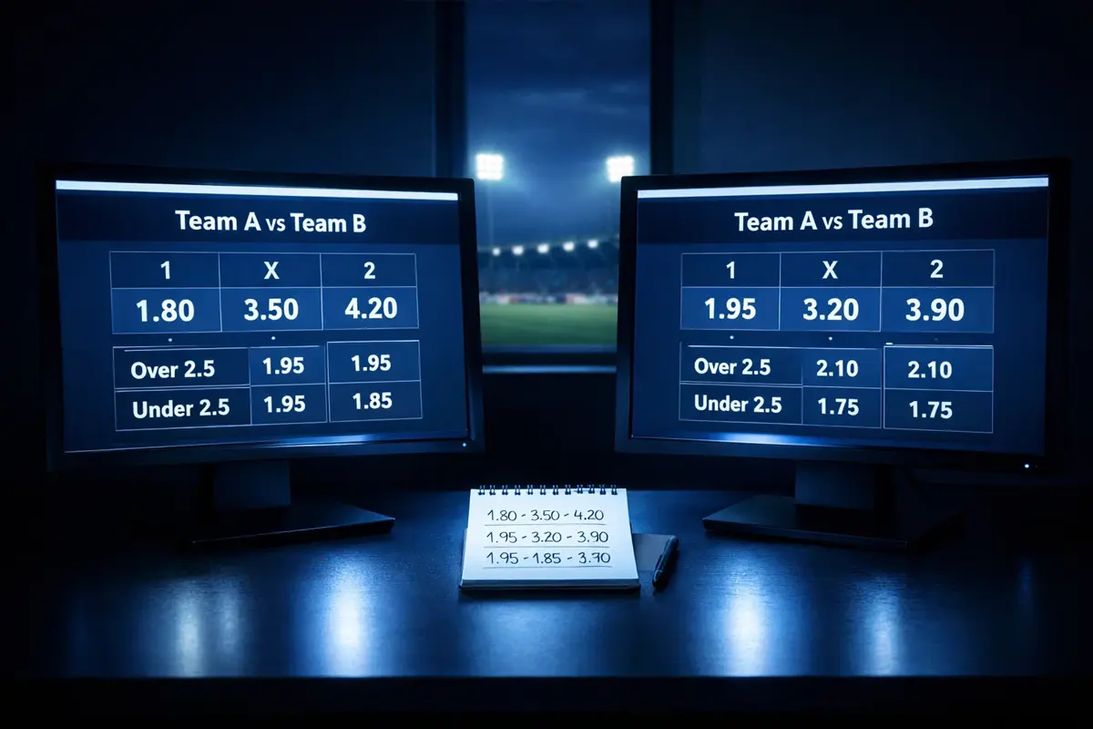 Due schermi affiancati mostrano quote diverse sulla stessa partita di calcio in una stanza con luce blu