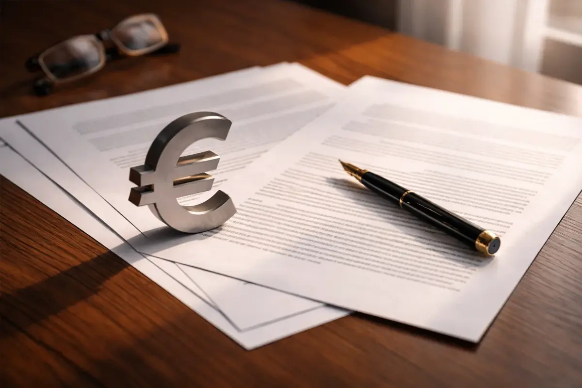 Documenti fiscali e una penna su una scrivania in legno con luce naturale dalla finestra e il simbolo dell'euro in rilievo