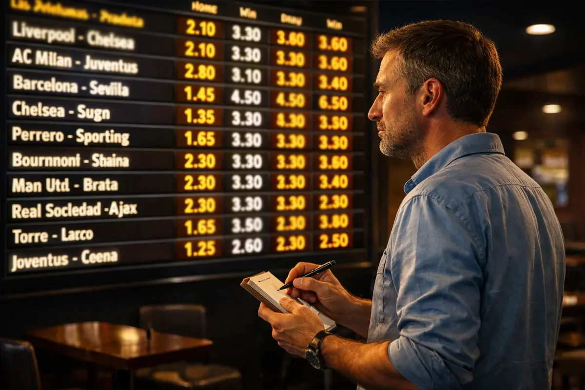 Scommettitore professionista confronta le quote su un tabellone luminoso in una sala scommesse sportive